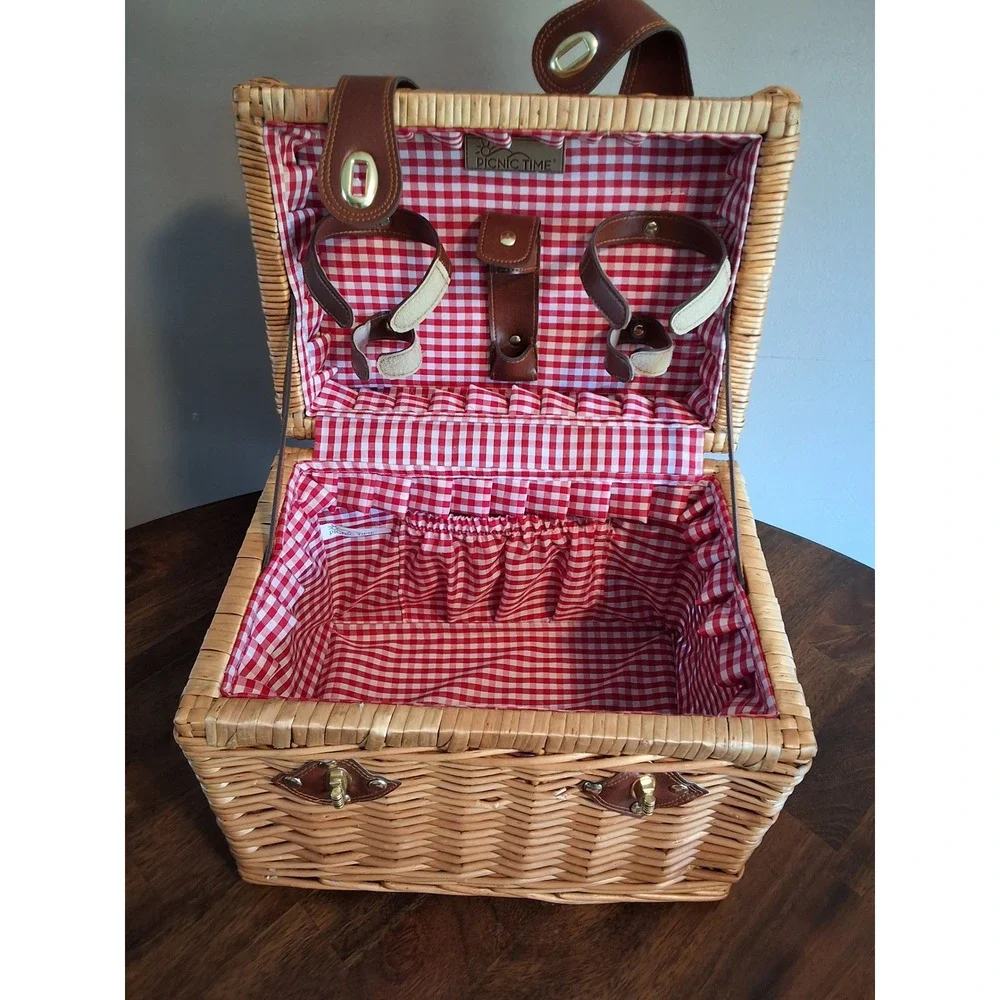 Picnic Time Wicker Picnic Basket Set for 2 Wine Glasses Cork Puller & Napkins